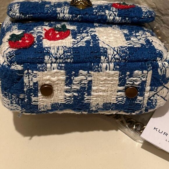 Kurt Geiger Mini Handle Kensington Bag Blue Tweed Plaid Strawberry Print Kawaii - Picture 8 of 14